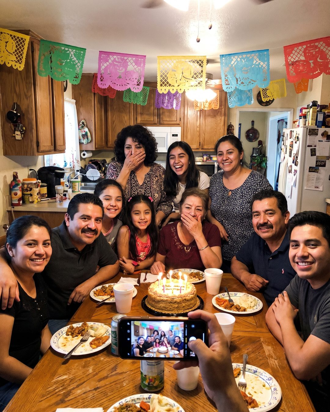 Mujer de 58 años escondiéndose detrás de su hija en una foto familiar
