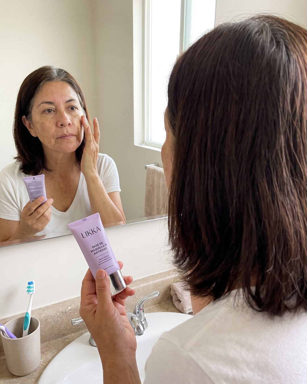 Mujer aplicándose la base frente al espejo