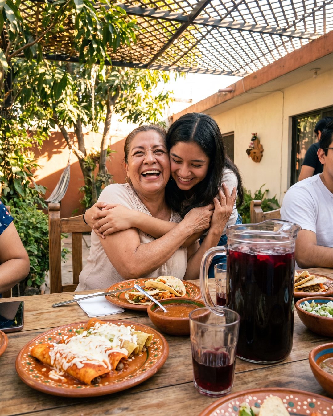 Mujer de 60 años riendo en la comida familiar del domingo